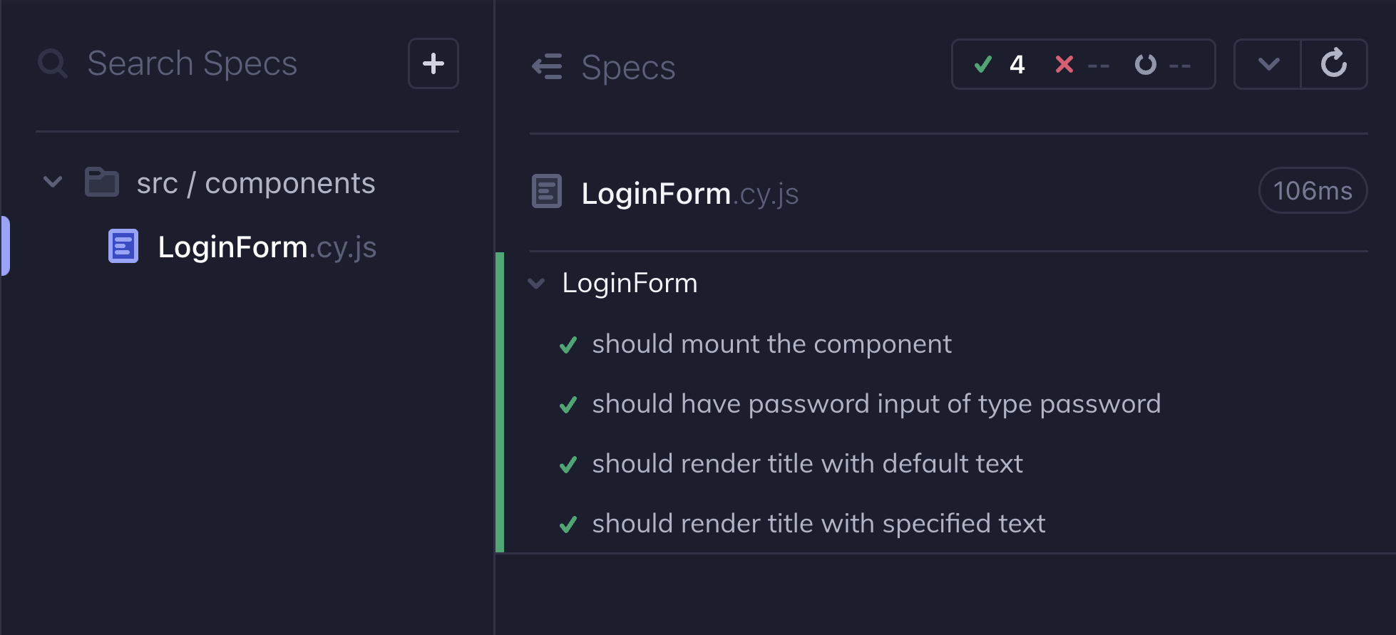 Cypress app showing test describe block