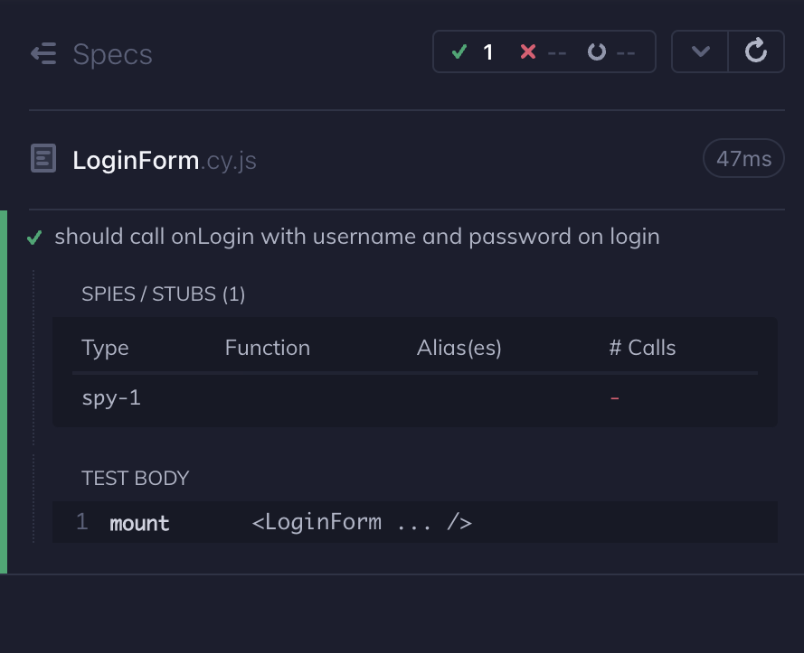 Cypress app showing spies and stubs panel